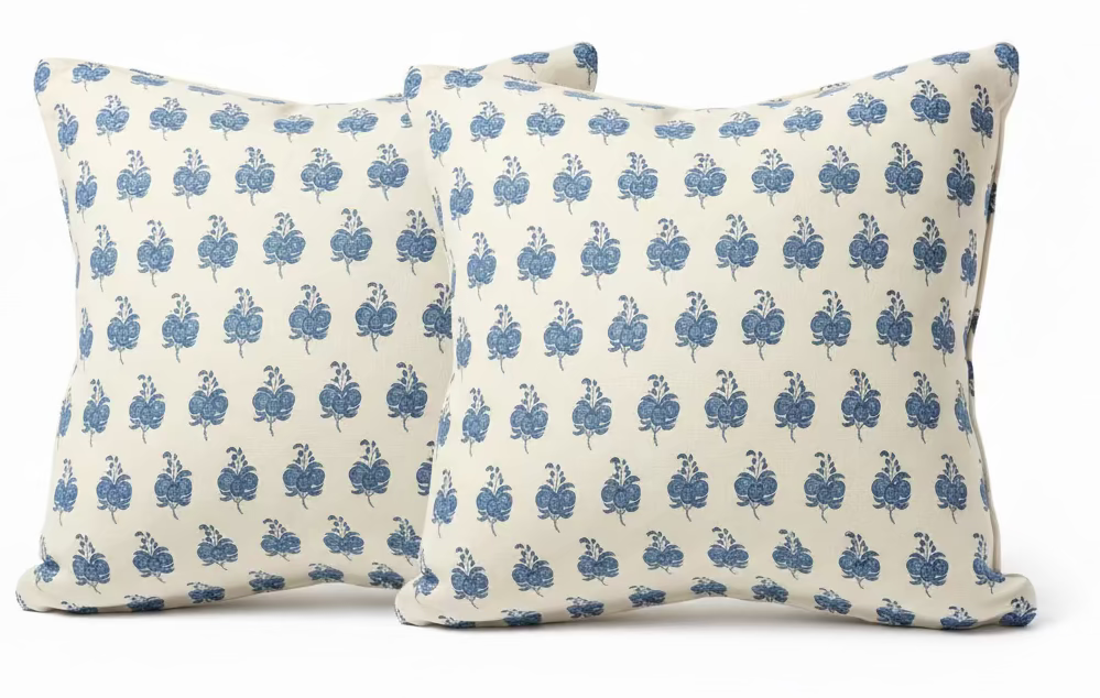 Pair of Blue and Cream Floral Pillows