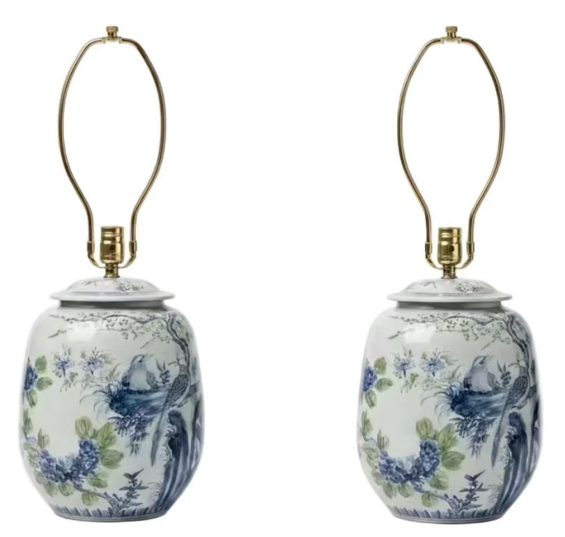 Pair of Green/Blue Flowers & Birds Mellon Lamps
