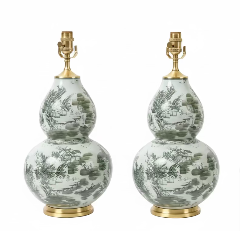 Pair of Green & White Gourd Lamps