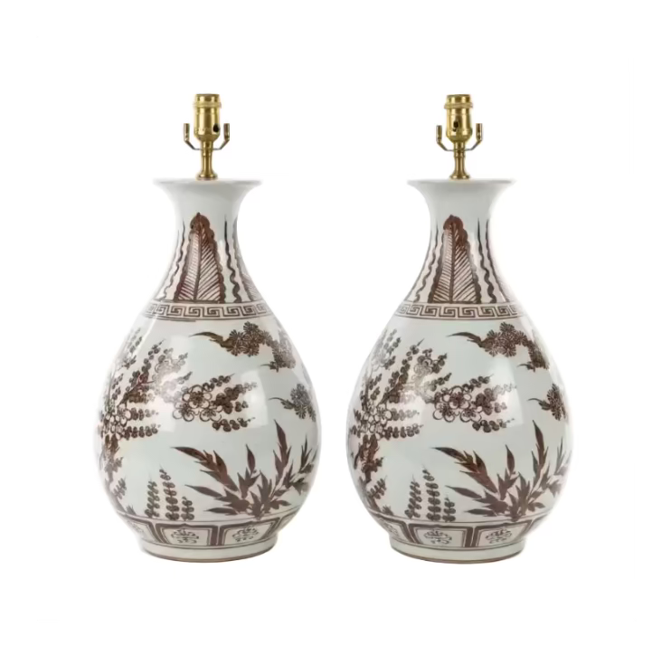 Pair of Brown & White Yuhuchun Lamps