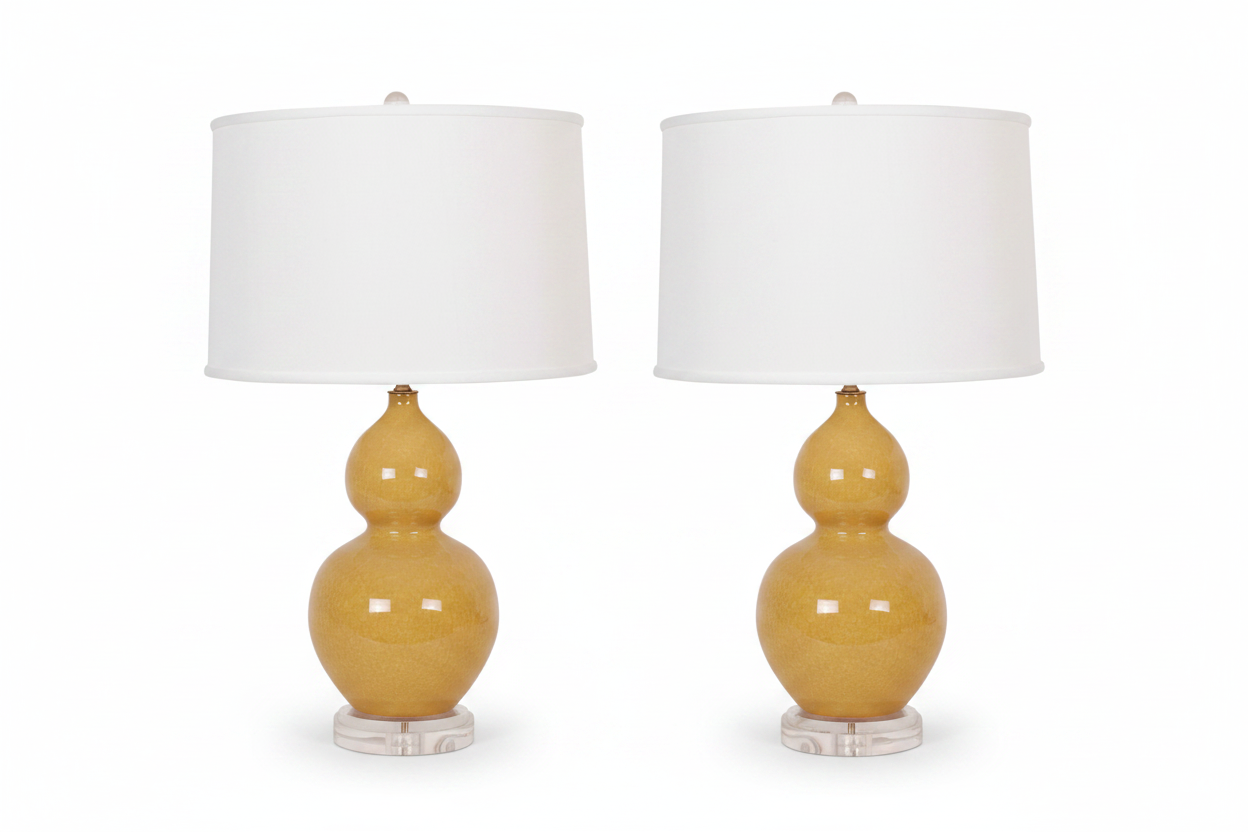 Pair of Empire Yellow Crackle Double Gourd Vase Lamps with Plain Shades