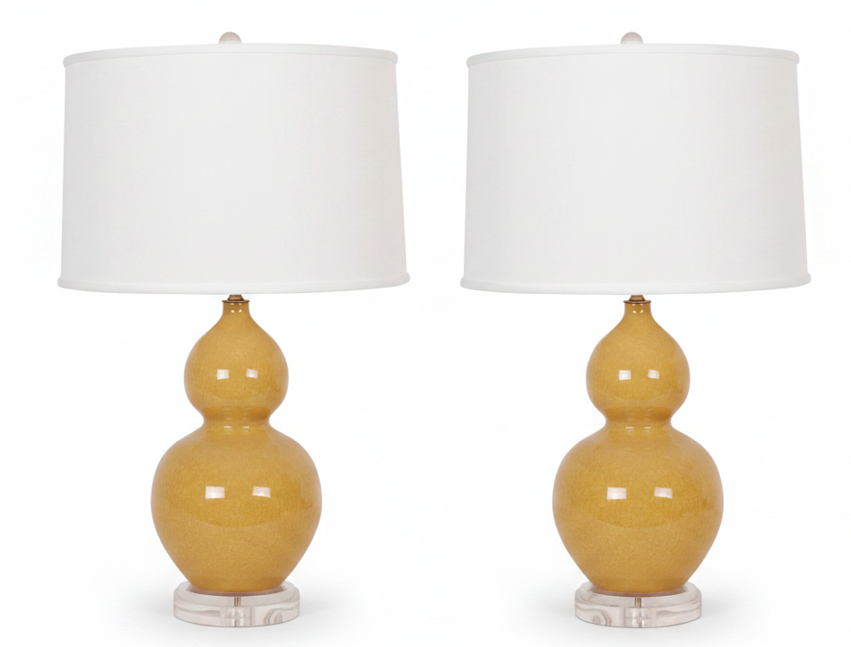 Pair of Empire Yellow Crackle Double Gourd Lamps with Plain Shades
