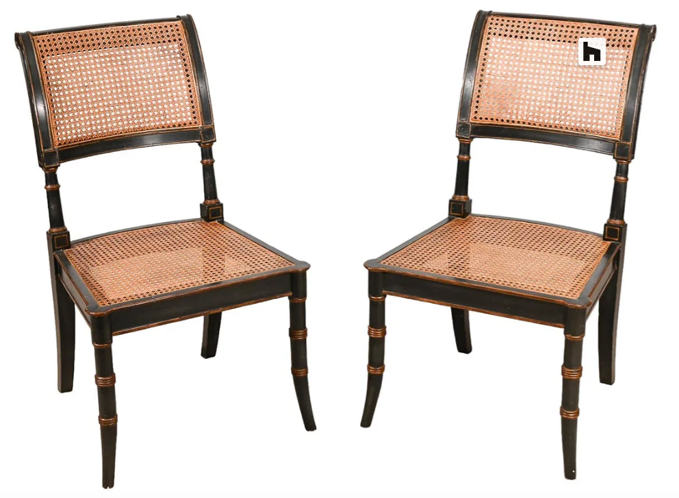 Pair of Regency Style Cane and Black Lacquer Chairs