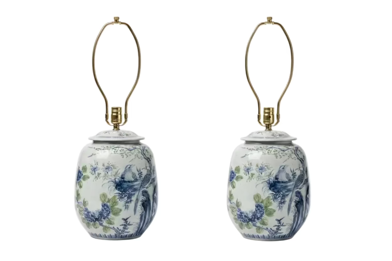 Pair of Green/Blue Flowers & Birds Mellon Lamps