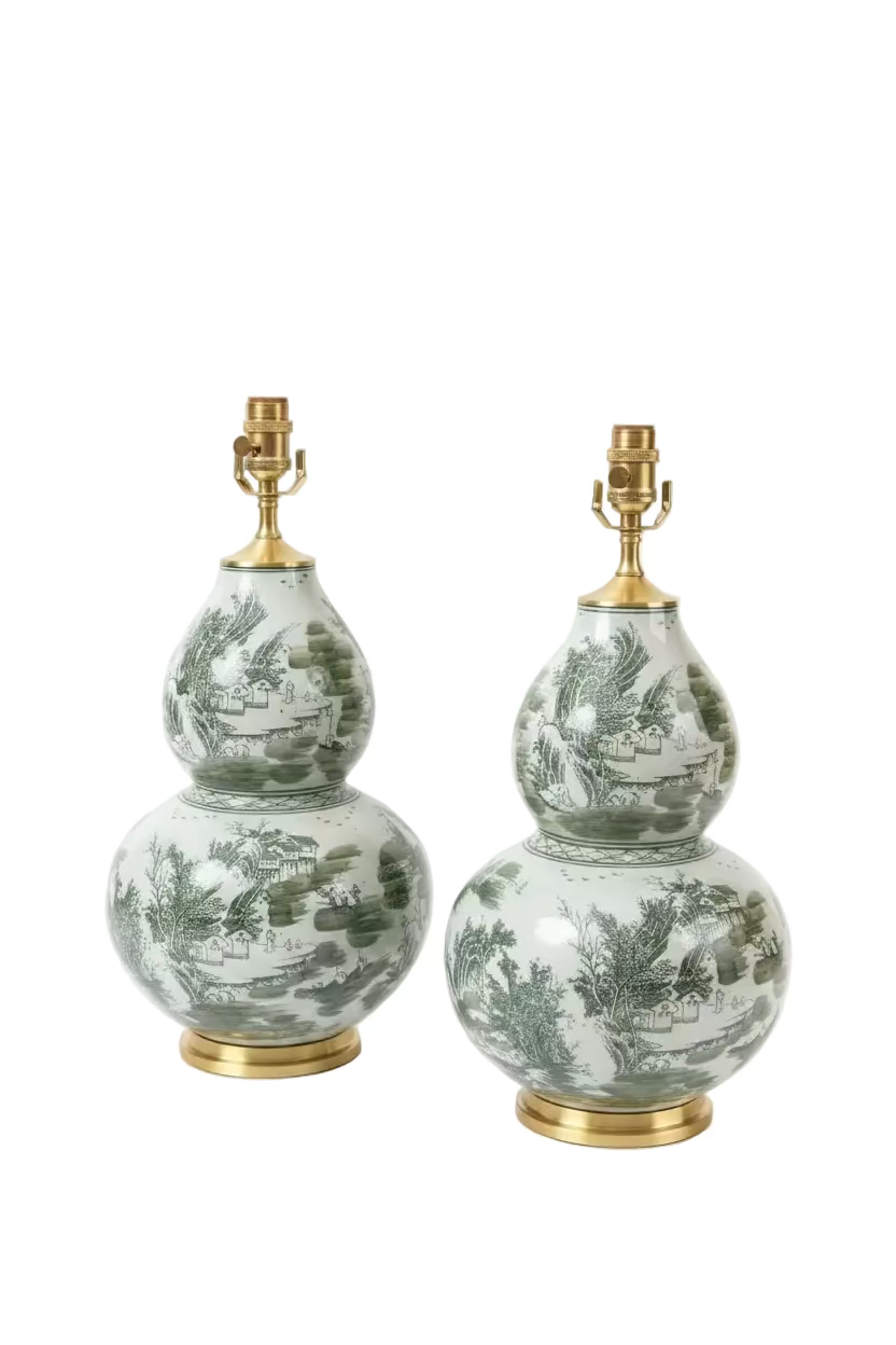Pair of Green & White Gourd Lamps
