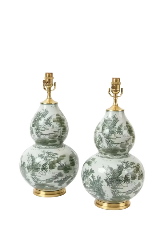 Pair of Green & White Gourd Lamps