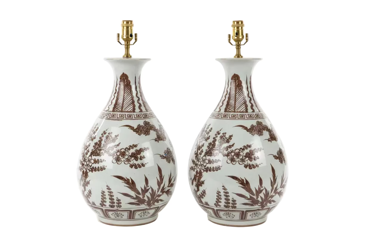 Pair of Brown & White Yuhuchun Lamps