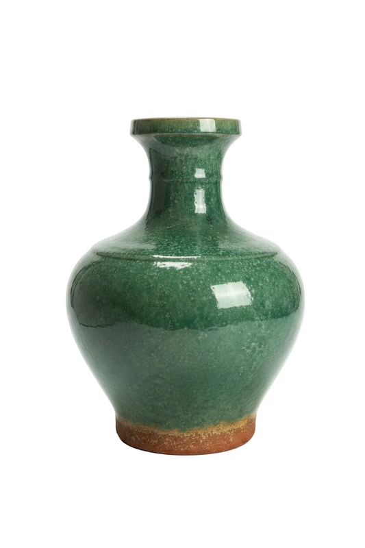 Green Ceramic Vase with Brown Trim Base