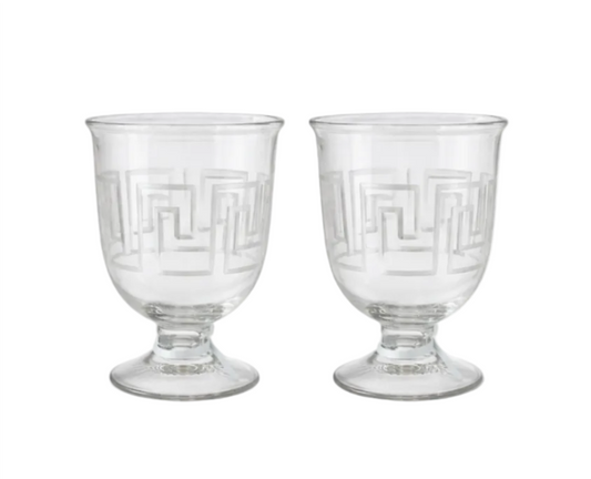 Set of 2 Medium Glass Greek Key Hurricanes