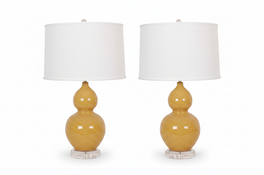 Pair of Empire Yellow Crackle Double Gourd Lamps with Plain Shades
