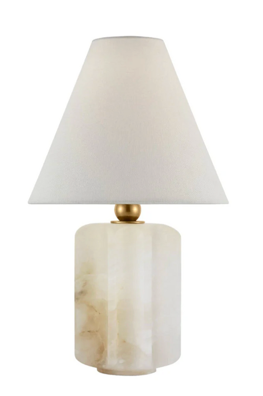 Small Table Lamp in Alabaster and Hand-Rubbed Antique Brass with Linen Shade