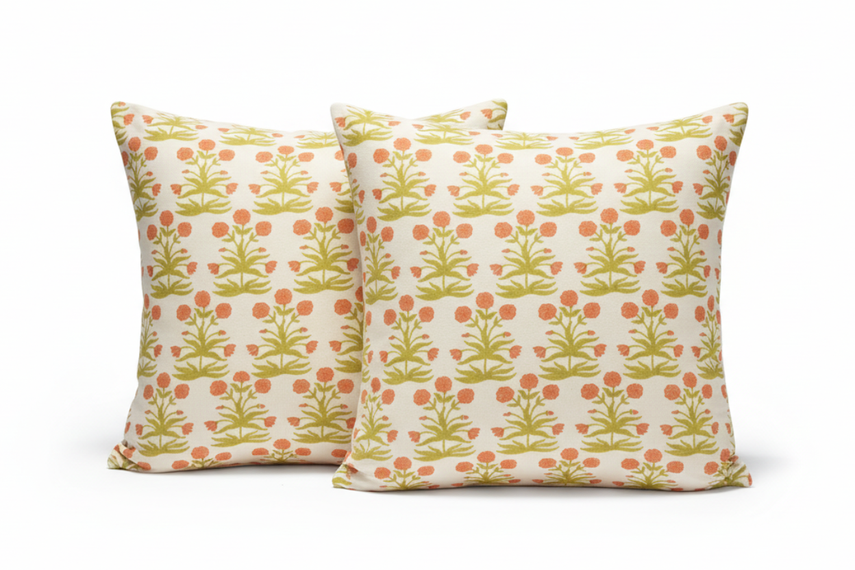 Pair of Green and Orange Schumacher Floral Pillows