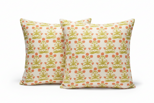 Pair of Green and Orange Floral Pillows