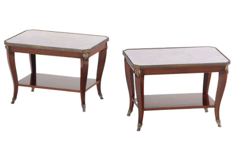 Pair of Directoire Style Mahogany Marble Top End Tables