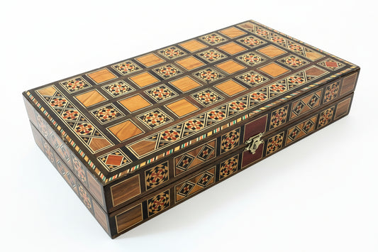 Vintage Mosaic Wood Inlaid Backgammon Set
