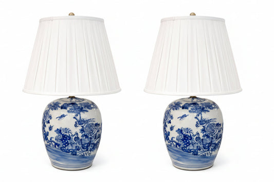 Pair of Blue and White Melon Jar Lamps with shades