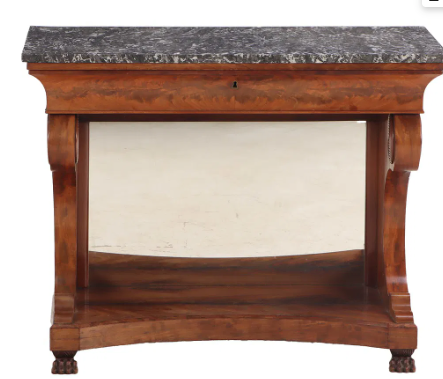French Scroll Form Mahogany Marble Top Console