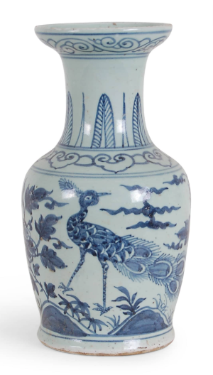 Foot-Stomped Blue and White Peacock Vase