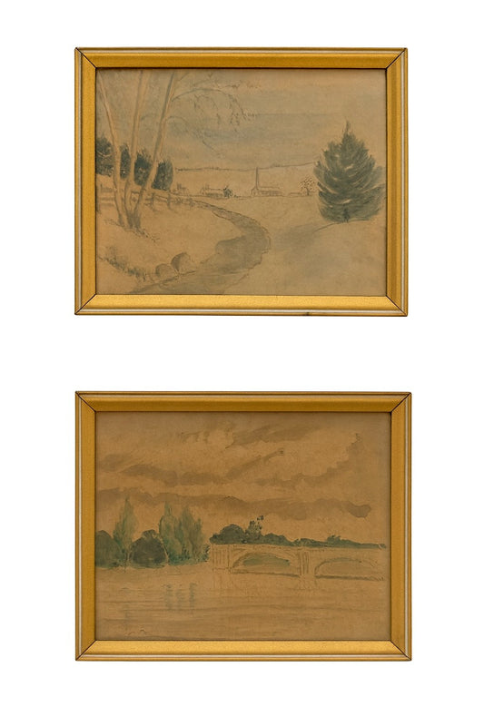 Set of 2 Original Vintage 1950s Watercolor Landscape Paintings