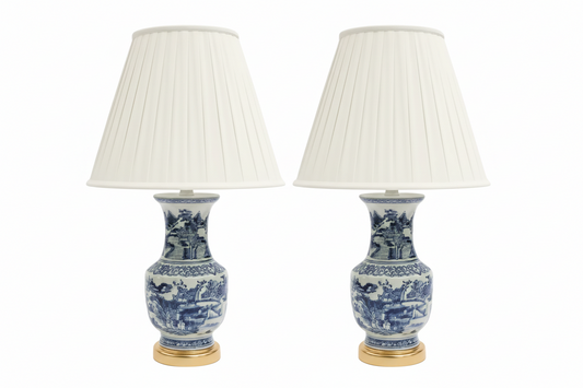 Pair of Blue and White Lamps with Pleated Shades