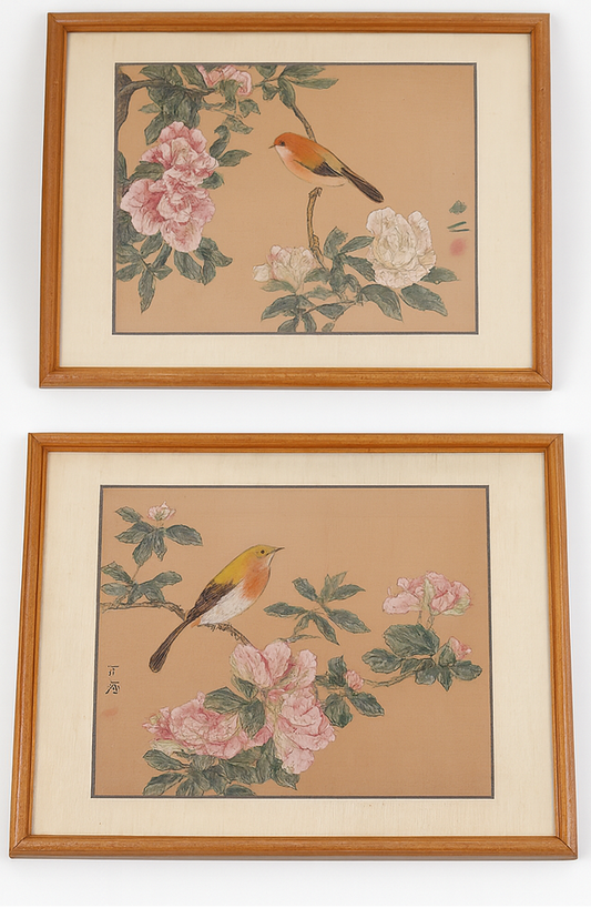 Pair of Vintage Chinese Silk Bird & Flower Hand-Painted Paintings